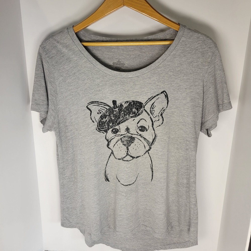 French Bulldog Beret Graphic Tee Gray Short Sleeve Scoop Neck Top Size 1 14W-16W